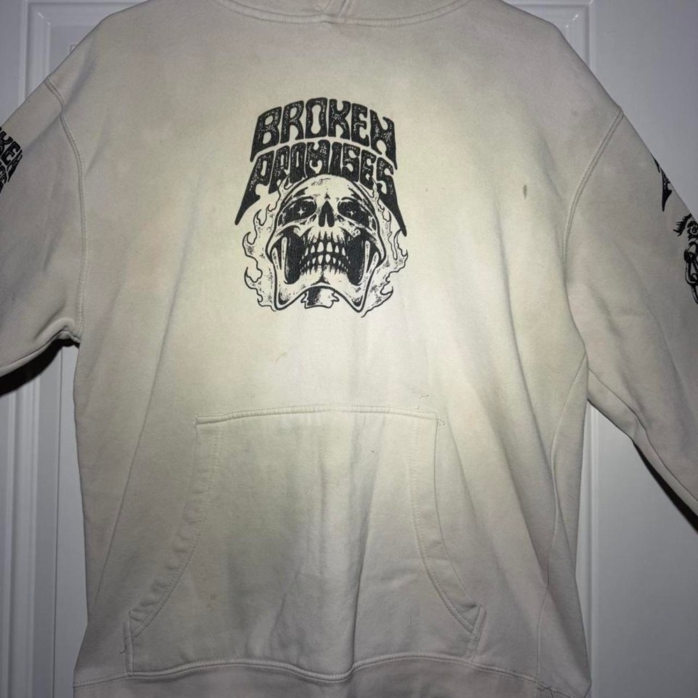 Broken Promises Band hoodie with black skull graphic with flames
